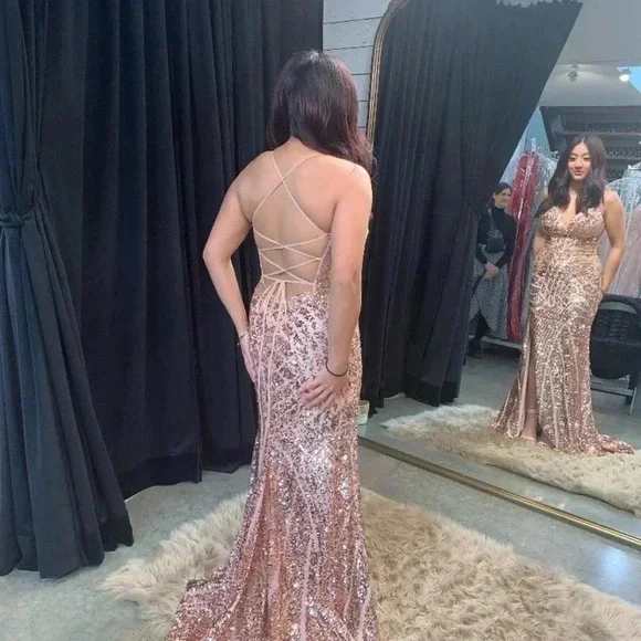 Rose Gold Long Gown Sequin Prom Homecoming Wedding Bridesmaid Formal